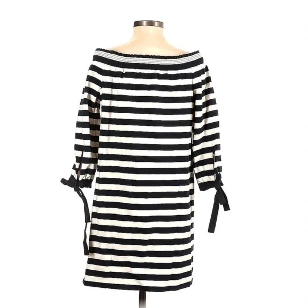 J. Crew Striped Off The Shoulders Navy Muslin Dress Size S Small Bow Tie - Picture 4 of 8